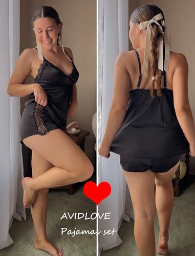 Avidlove Sexy Satin Lingerie PJ Set Black Nightwear