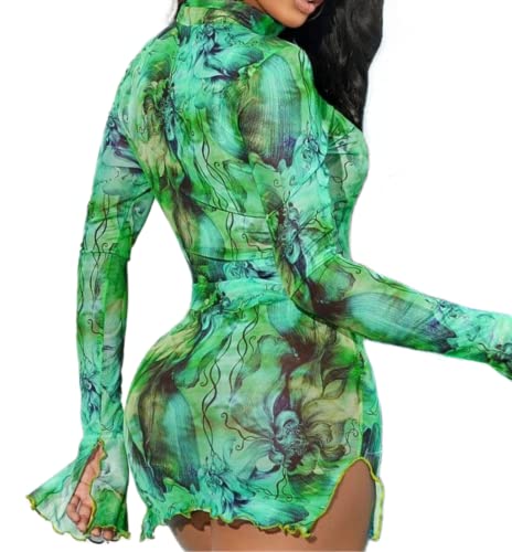 Women’s Floral Tie Dye Sheer Mesh Mini Dress Sexy Mock Neck Split Bodycon Flared Long Sleeve Beach Party Dress Green