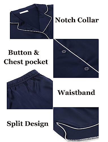 Ekouaer Silk Satin Pajama Set - Navy Blue