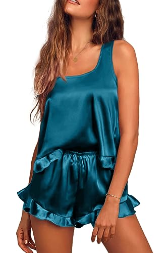 Satin Pajamas Set: Tank Top, Shorts, Blue Green