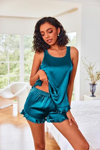 Satin Pajamas Set: Tank Top, Shorts, Blue Green