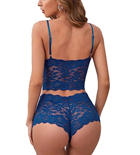 Blue Floral Lace Pajama Set with Cami Shorts