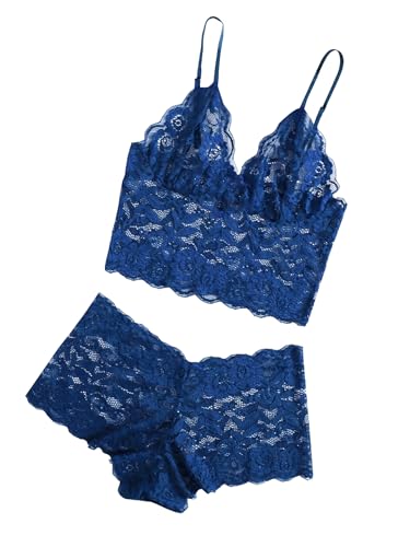 Blue Floral Lace Pajama Set with Cami Shorts
