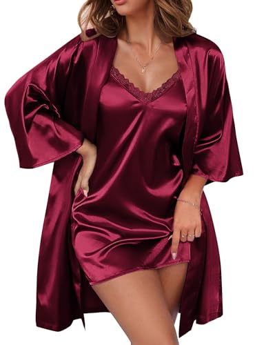 Ekouaer Satin Lace Robe Set for Women