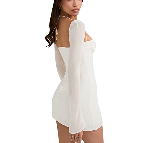Zebaexf Women's Mesh Dress Long Puff Sleeve Mini Bodycon Party Clubwear for Women M