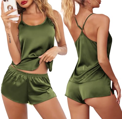 Ekouaer Army Green Silk Pajamas Set for Women