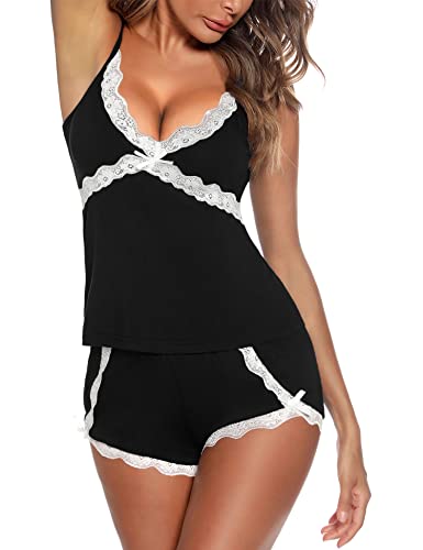 Quzzion Women's Soft Lace Trim Pajama Sets, Black