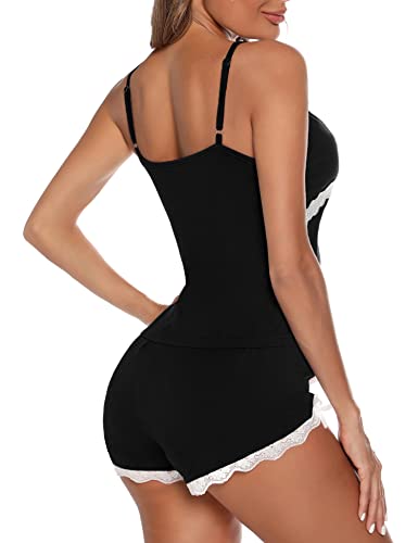 Quzzion Women's Soft Lace Trim Pajama Sets, Black
