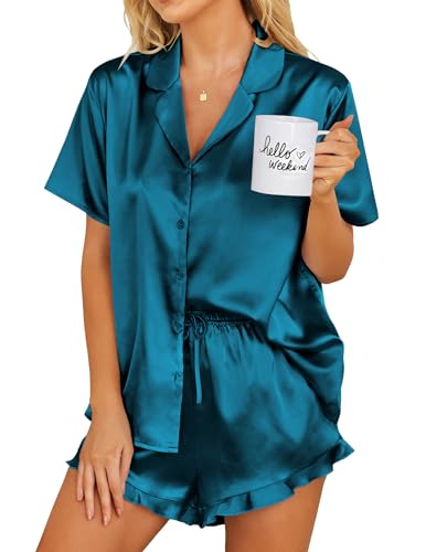 Ekouaer Satin Pajamas Set: Dark Green 2-Piece