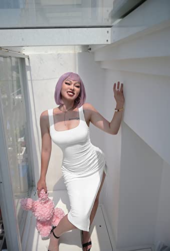 GOKATOSAU Women's Summer Sexy Sleeveless Side Split Bodycon Ruched Midi Tank Dress White