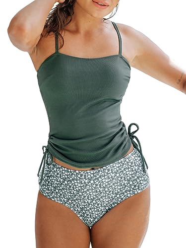 CUPSHE Tankini Set with Ruched Drawstring High-Waisted Bottom