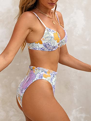 Floral High-Waisted Bikini Set with Underwire, XL Lavender