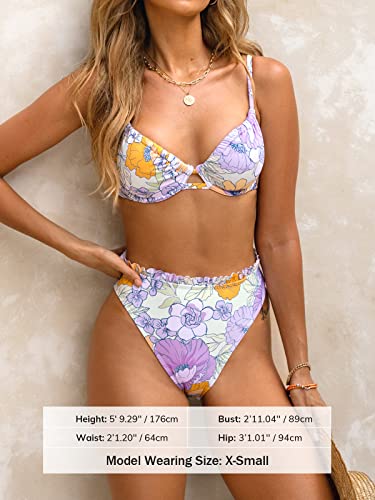 Floral High-Waisted Bikini Set with Underwire, XL Lavender