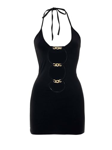 Verdusa Women's Cutout Front Sleeveless Open Back Halter Bodycon Mini Dress Black XS