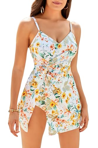 Grace Karin High Waist Swimdress White & Yellow