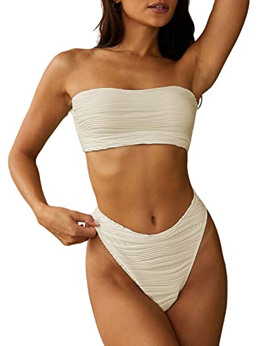 Strapless Textured Bandeau Bikini Set - Beige