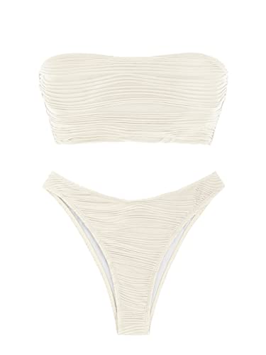 Strapless Textured Bandeau Bikini Set - Beige