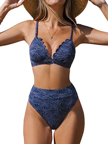 Navy Jacquard High Waisted Bikini Set by CUPSHE