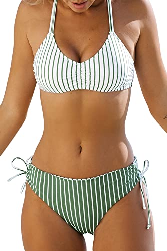 CUPSHE Striped Reversible Lace Up Bikini, XS