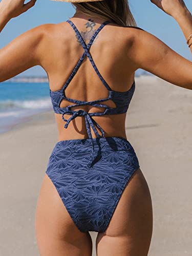 Navy Jacquard High Waisted Bikini Set by CUPSHE