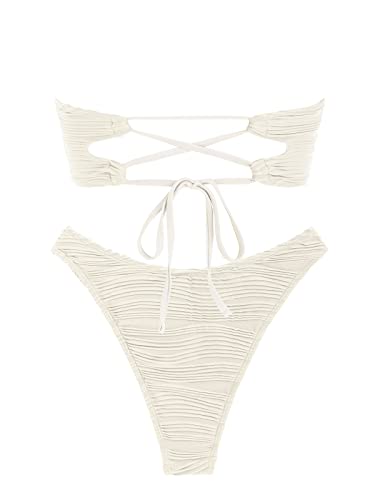Strapless Textured Bandeau Bikini Set - Beige