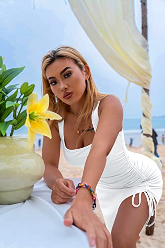 GOKATOSAU Women's Summer Sexy Sleeveless Side Split Bodycon Ruched Midi Tank Dress White