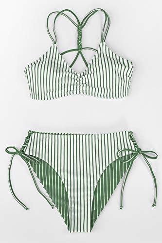 CUPSHE Striped Reversible Lace Up Bikini, XS