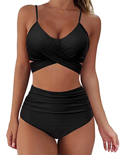 SUUKSESS High Waist Criss Cross Bikini, Black