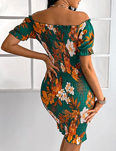 PRETTYGARDEN Women's Summer Off Shoulder Bodycon Dresses Short Sleeve Drawstring Sexy Mini Party Club Smocked Dress (Dark Green,Large)