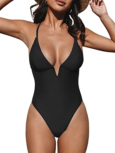 Cupshe Black One Piece Swimsuit, Deep V-Neck