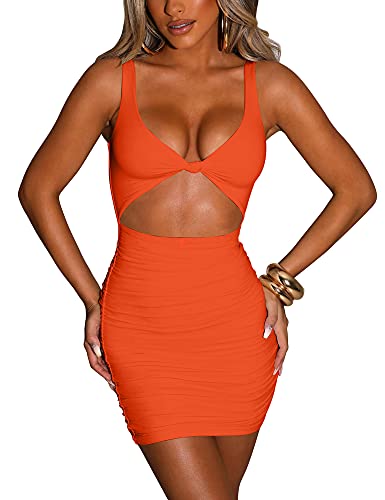 Kaximil Women's Sexy Bodycon Sleeveless Cut Out Ruched Tank Mini Club Party Dresses, X-Small, Orange