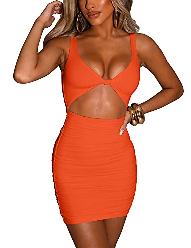 Kaximil Women's Sexy Bodycon Sleeveless Cut Out Ruched Tank Mini Club Party Dresses, X-Small, Orange