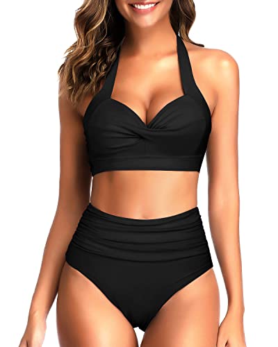 Vintage Black Halter Bikini Set for Women