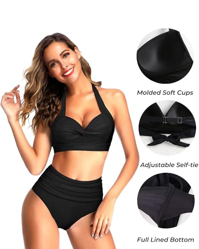Vintage Black Halter Bikini Set for Women