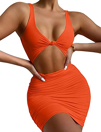 Kaximil Women's Sexy Bodycon Sleeveless Cut Out Ruched Tank Mini Club Party Dresses, X-Small, Orange