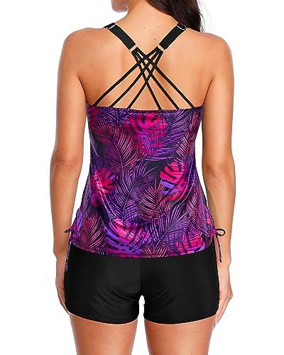 Purple Leaves Tankini with Shorts for Women - XL