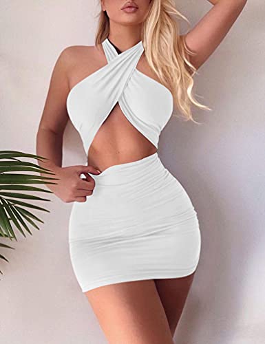 Women's Sexy Ruched Bodycon Halter Criss Cross Cut Out Backless Mini Club Party Dresses, Medium, White