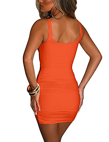 Kaximil Women's Sexy Bodycon Sleeveless Cut Out Ruched Tank Mini Club Party Dresses, X-Small, Orange