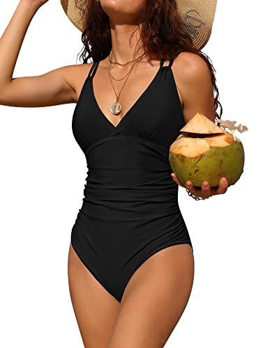 Charmo Tummy Control Black V-Neck One Piece Swimsuit