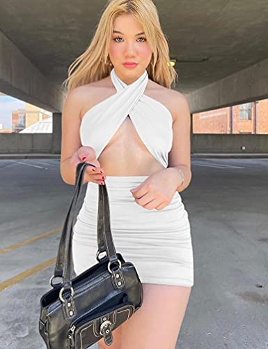Women's Sexy Ruched Bodycon Halter Criss Cross Cut Out Backless Mini Club Party Dresses, Medium, White