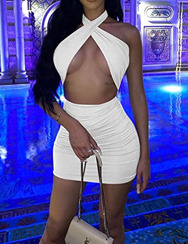 Women's Sexy Ruched Bodycon Halter Criss Cross Cut Out Backless Mini Club Party Dresses, Medium, White