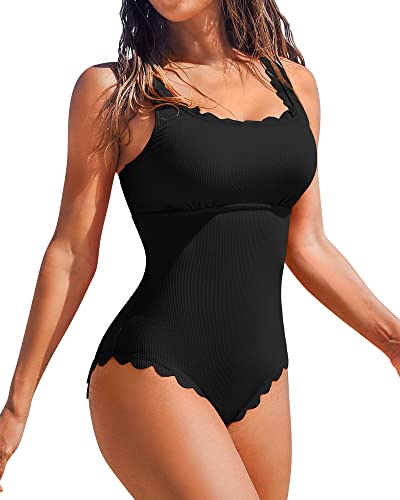 Charmo Women's Scalloped Ribbed One Piece Swimsuit Black