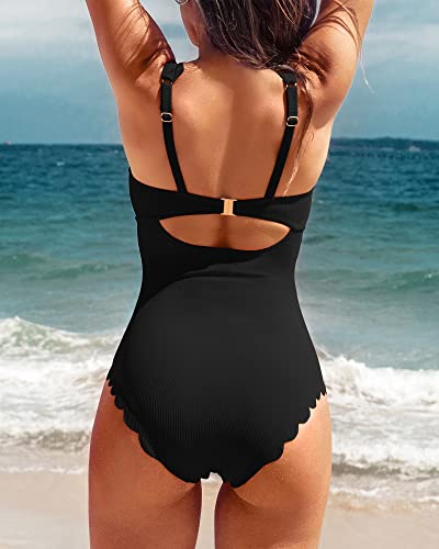Charmo Women's Scalloped Ribbed One Piece Swimsuit Black