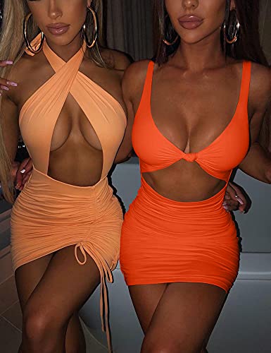 Kaximil Women's Sexy Bodycon Sleeveless Cut Out Ruched Tank Mini Club Party Dresses, X-Small, Orange