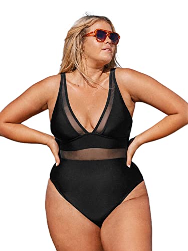 Black Mesh V-Neck Plus Size One Piece Swimsuit