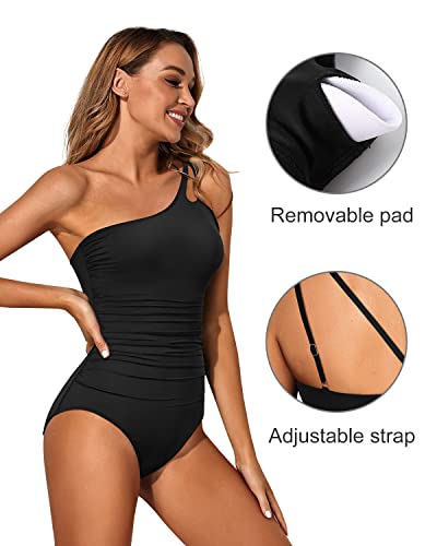 Holipick One Shoulder Swimsuit for Women-Black