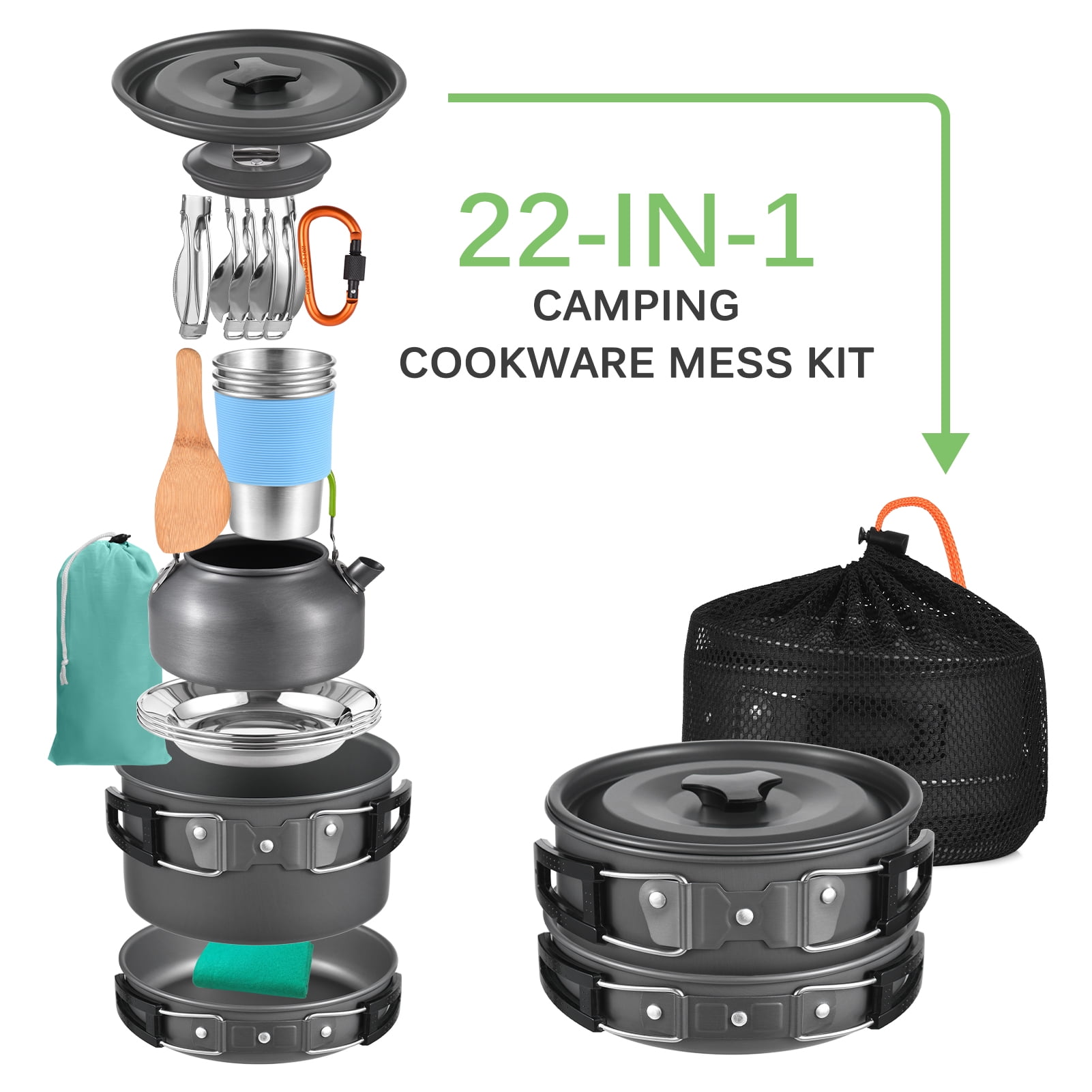 TOMSHOO 22pcs Camping Cookware Mess Kit for Outdoor