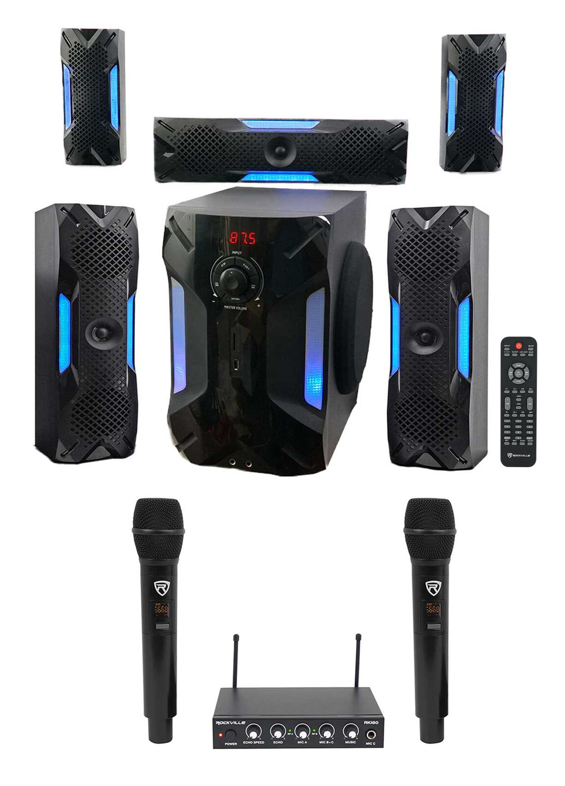 Rockville Hybrid Karaoke System with Sub and Wireless Mics