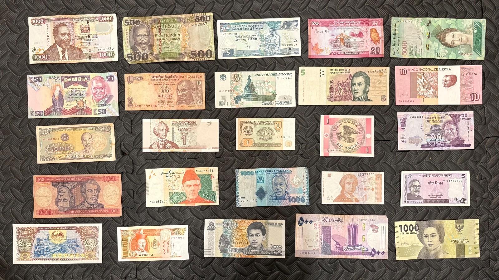 25 Different Country Banknotes - Foreign Currency Collection