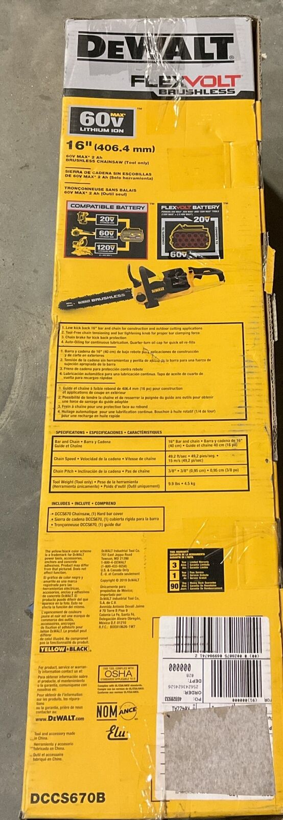 DEWALT DCCS670B 60V MAX Brushless 16" Chainsaw (Tool)